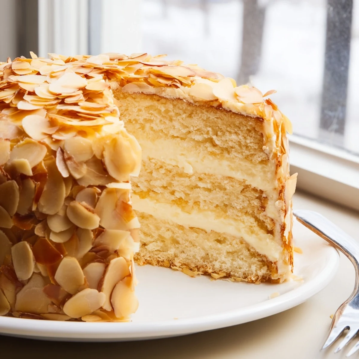 Wunderbarer Bee Sting Cake unter einer knusprigen Honig-Mandel-Kruste, perfekt zum Kaffee.