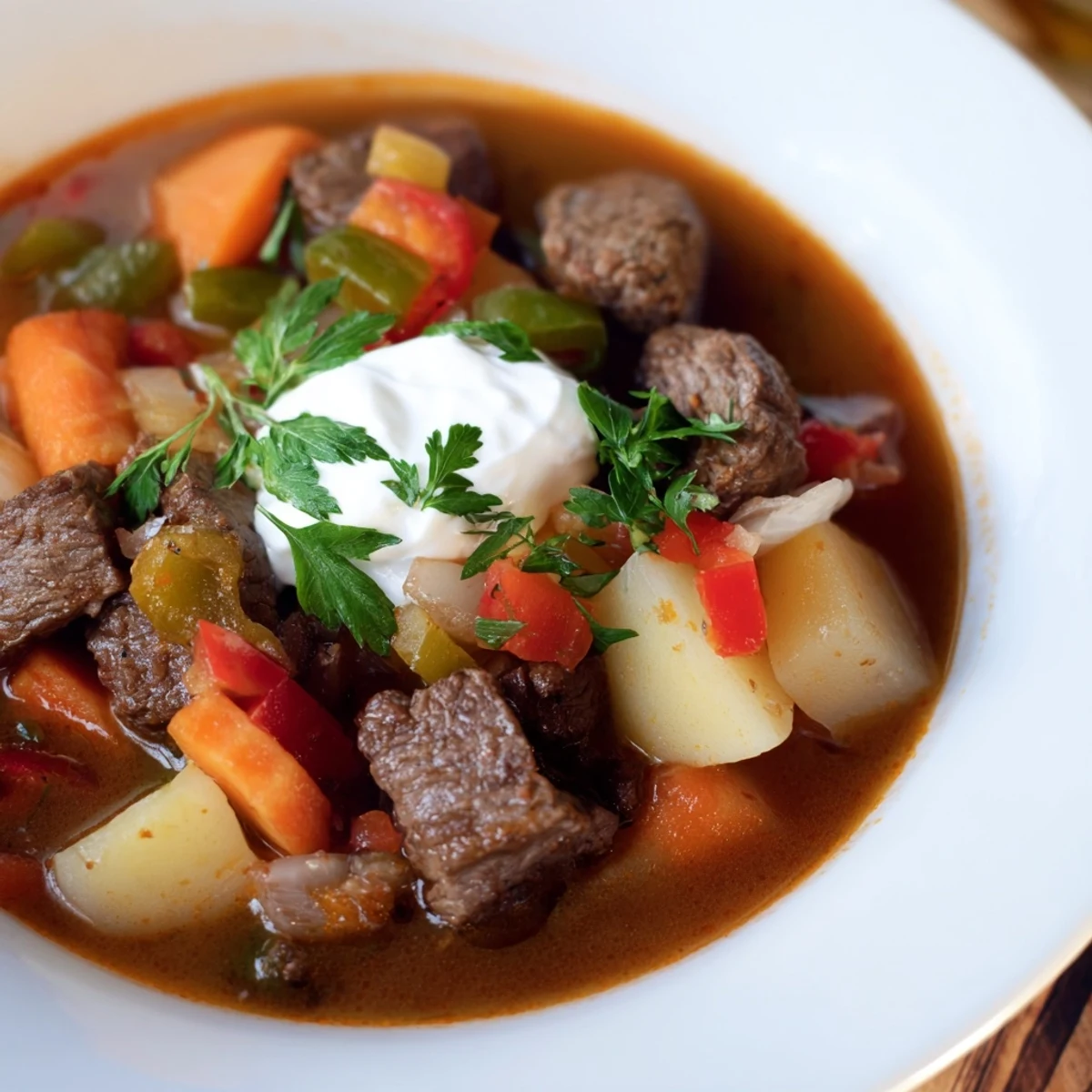 Ungarischer Goulash-Eintopf, gefüllt mit Paprika, Kartoffeln und köstlichen Wurzeln.