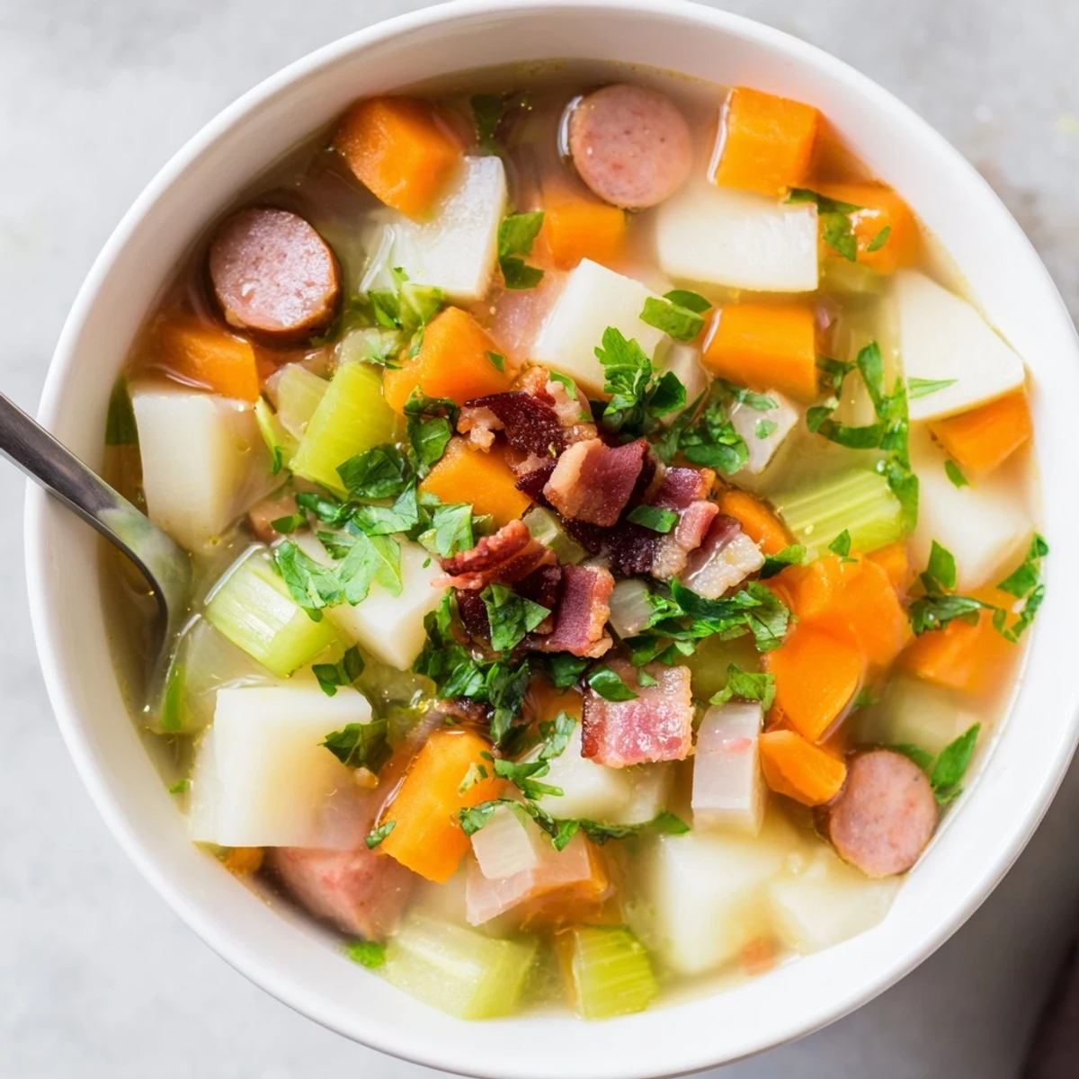 Warme, rauchige Aromen der deutschen Kartoffelsuppe, perfekt für kalte Tage.  