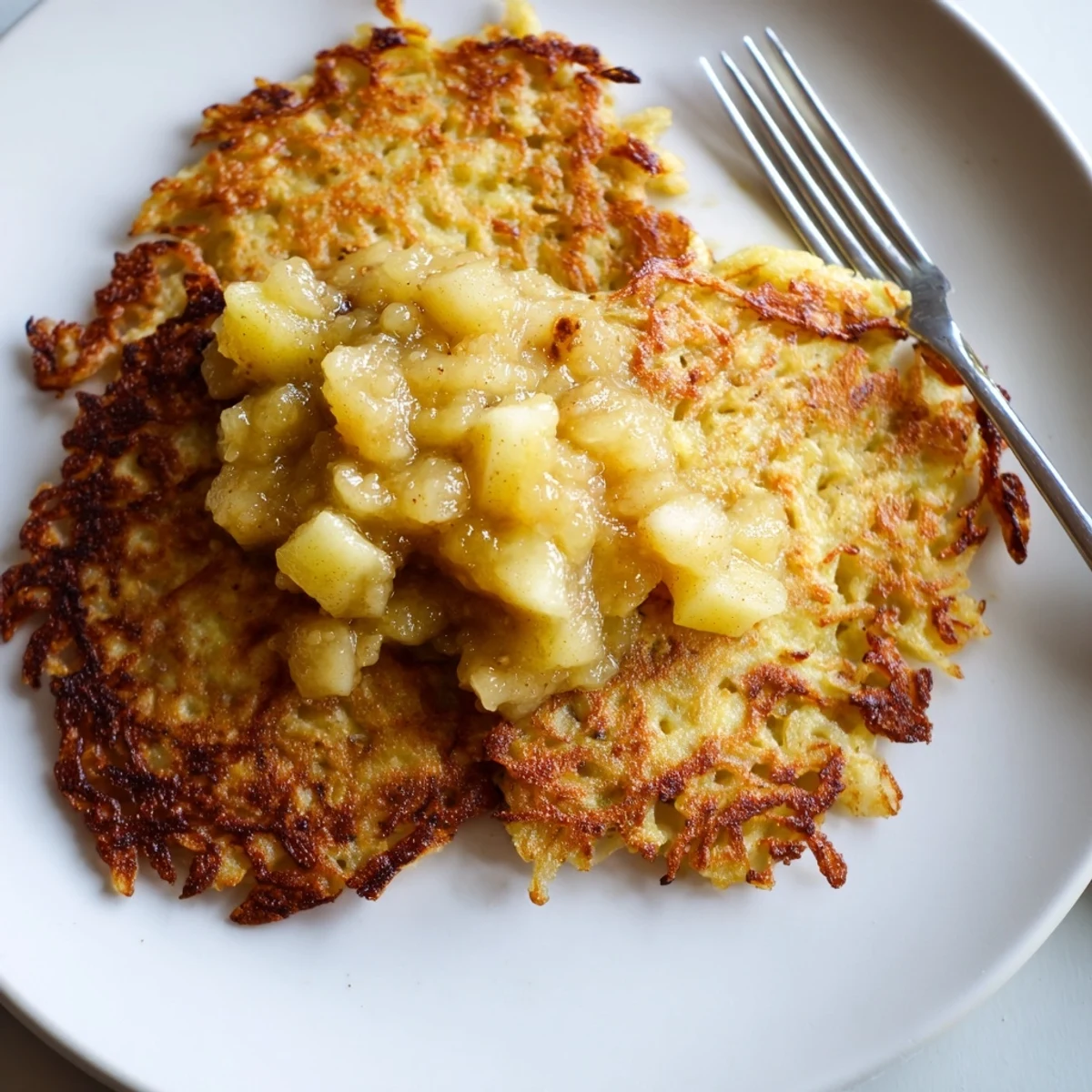 Krosse goldene Kartoffelpuffer serviert mit süßer hausgemachter Apfelmus, ein köstlicher Genuss.  