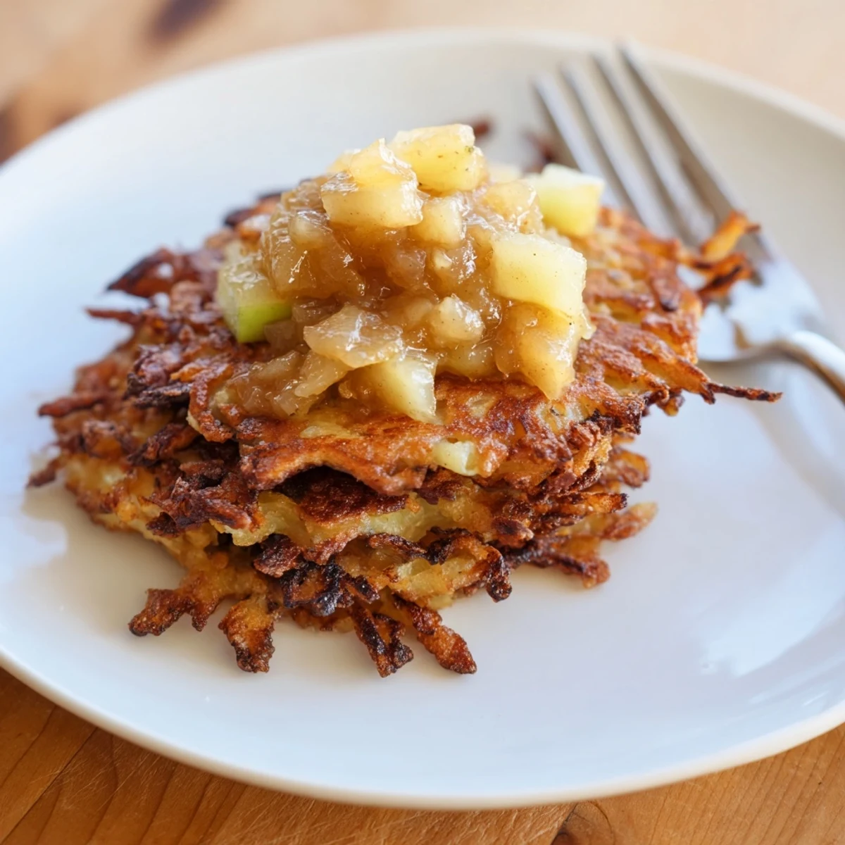 Knusprige Kartoffelpuffer, ideal für jeden Anlass, begleitet von frischer Apfelmus.