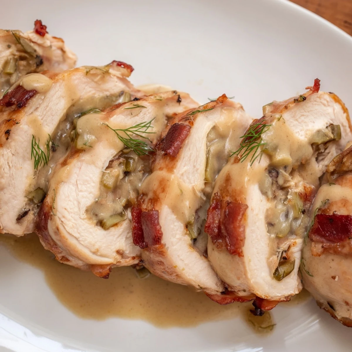 Sliced Chicken Rouladen Rolls showing a delicious filling and cooked to perfection, a quick, easy meal.