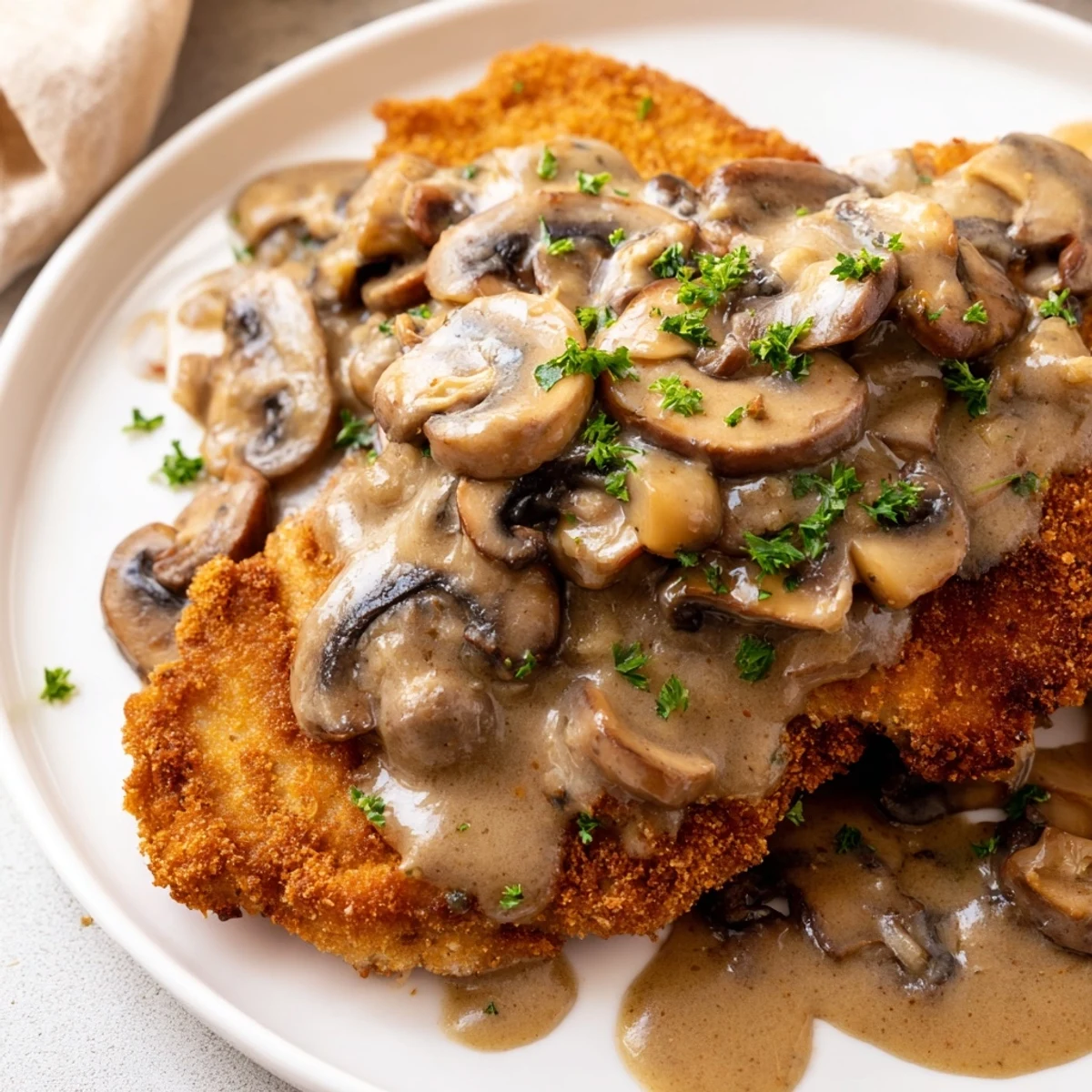 Crispy breaded Jaeger Schnitzel with savory mushroom gravy, ready for a delicious dinner.