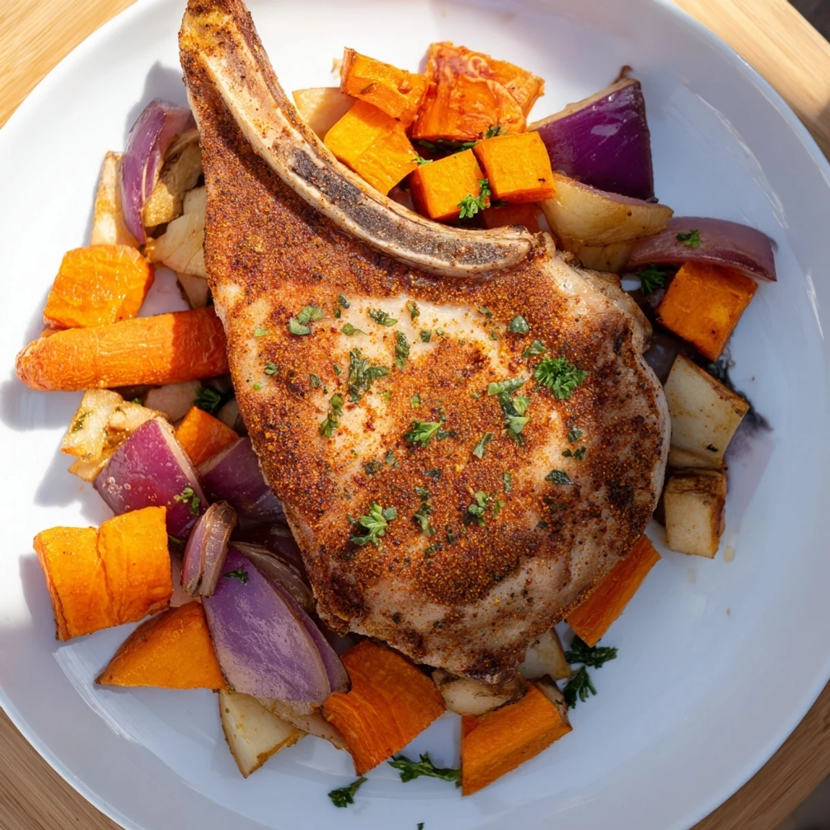 Golden-brown sheet pan pork chop and root veggies meal, a flavorful, easy American dinner option.