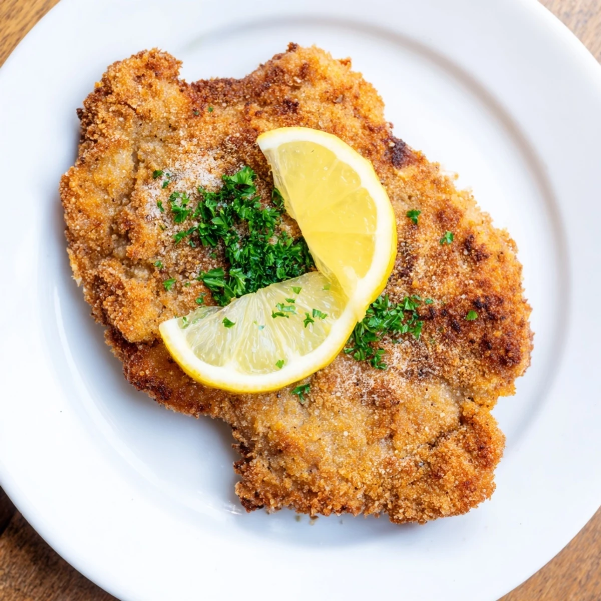 Golden-brown Air Fryer Wiener Schnitzel served with lemon wedges; imagine the crispy coating!