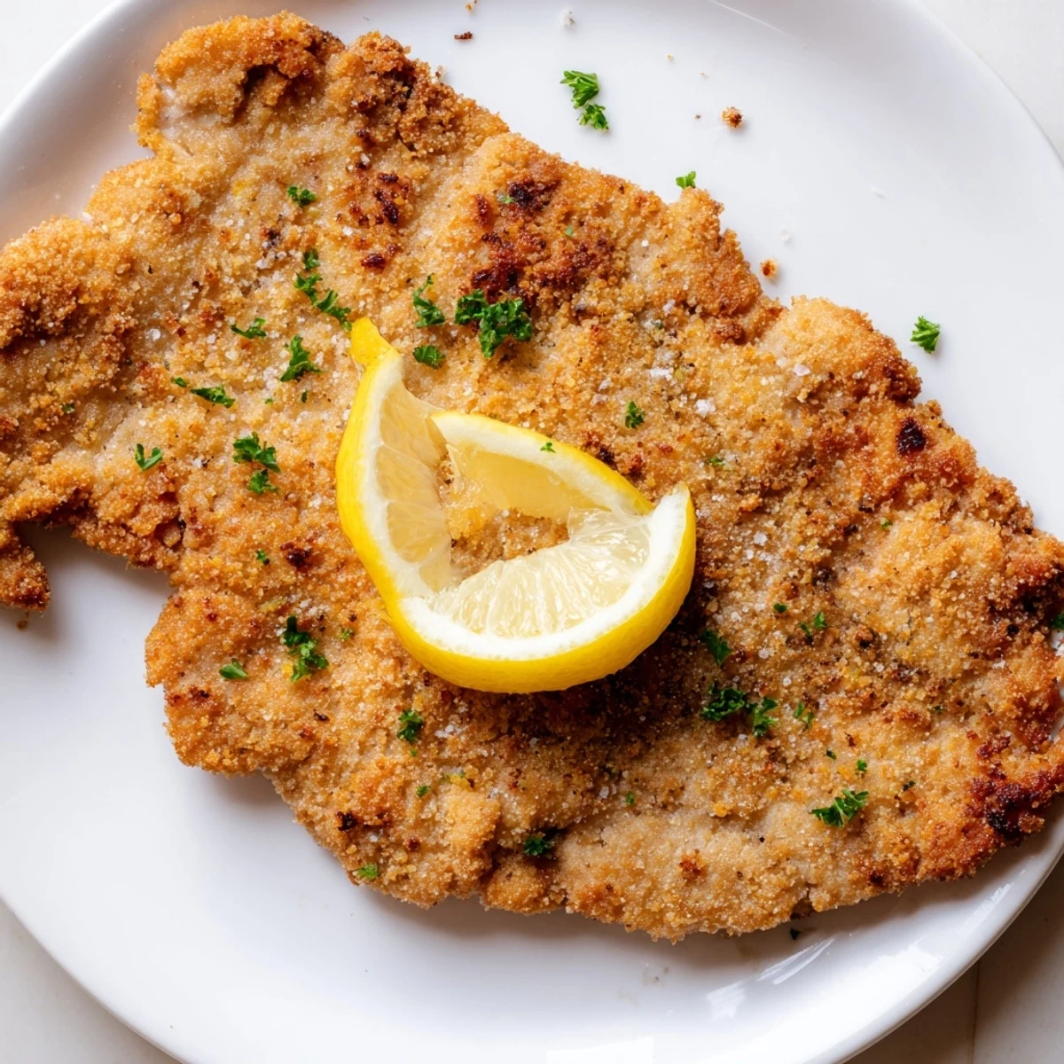 Close-up of a juicy Air Fryer Wiener Schnitzel with a crispy breadcrumb crust; delicious and easy.