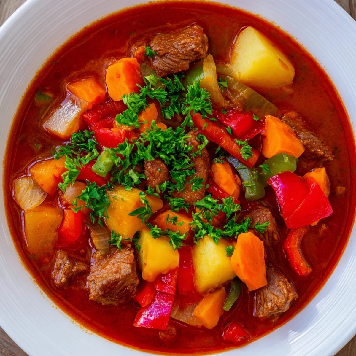 Steaming bowl of goulash soup with tender beef and vibrant vegetables, perfect for a cozy dinner.
