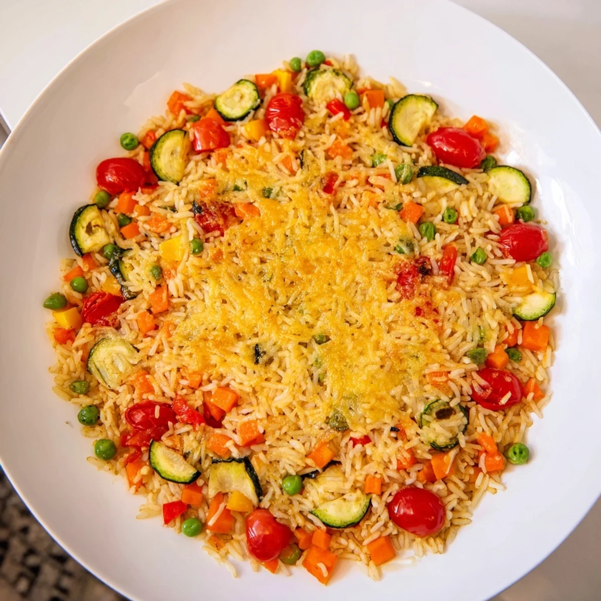 Colorful Oven-Baked Rice with Vegetables & Cheese, featuring melted cheese and vibrant veggies.