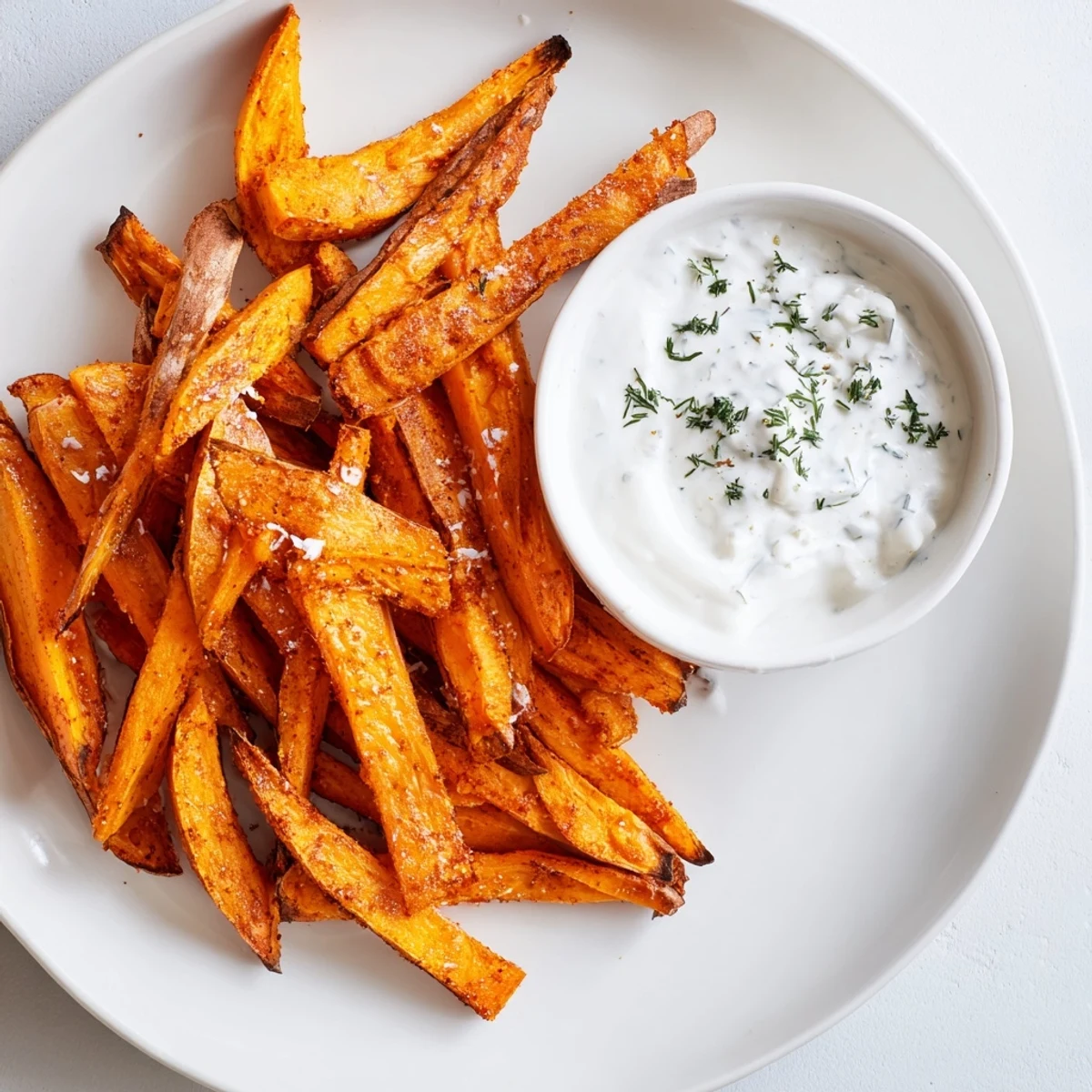 A close-up of vibrant sweet potato fries with herb yogurt, a healthy and flavorful side dish.