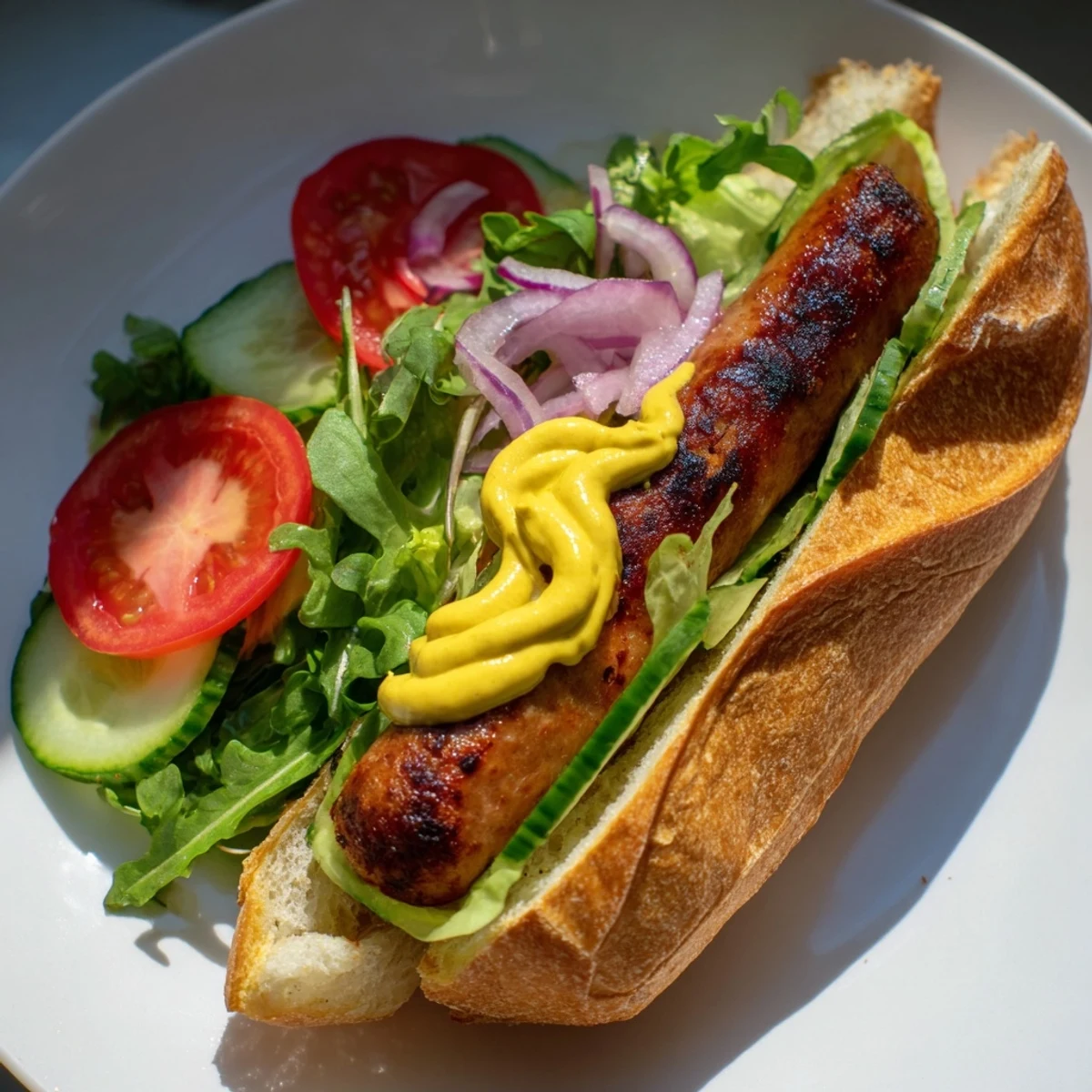 Golden-brown grilled Bratwurst nestled in a baguette, served with fresh salad, and mustard.