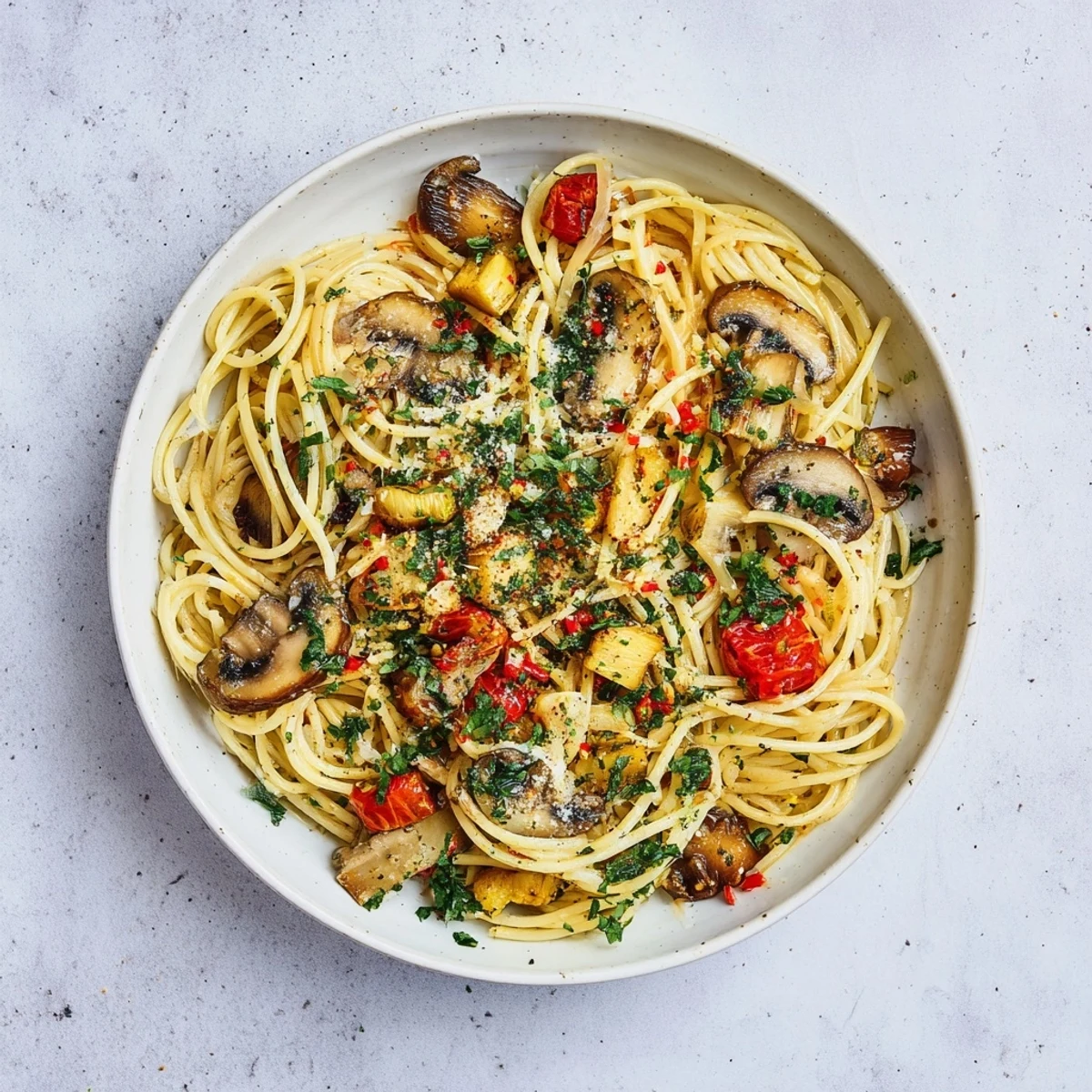 Golden garlic and mushrooms mingle with pasta in this delicious Pasta Aglio e Olio.