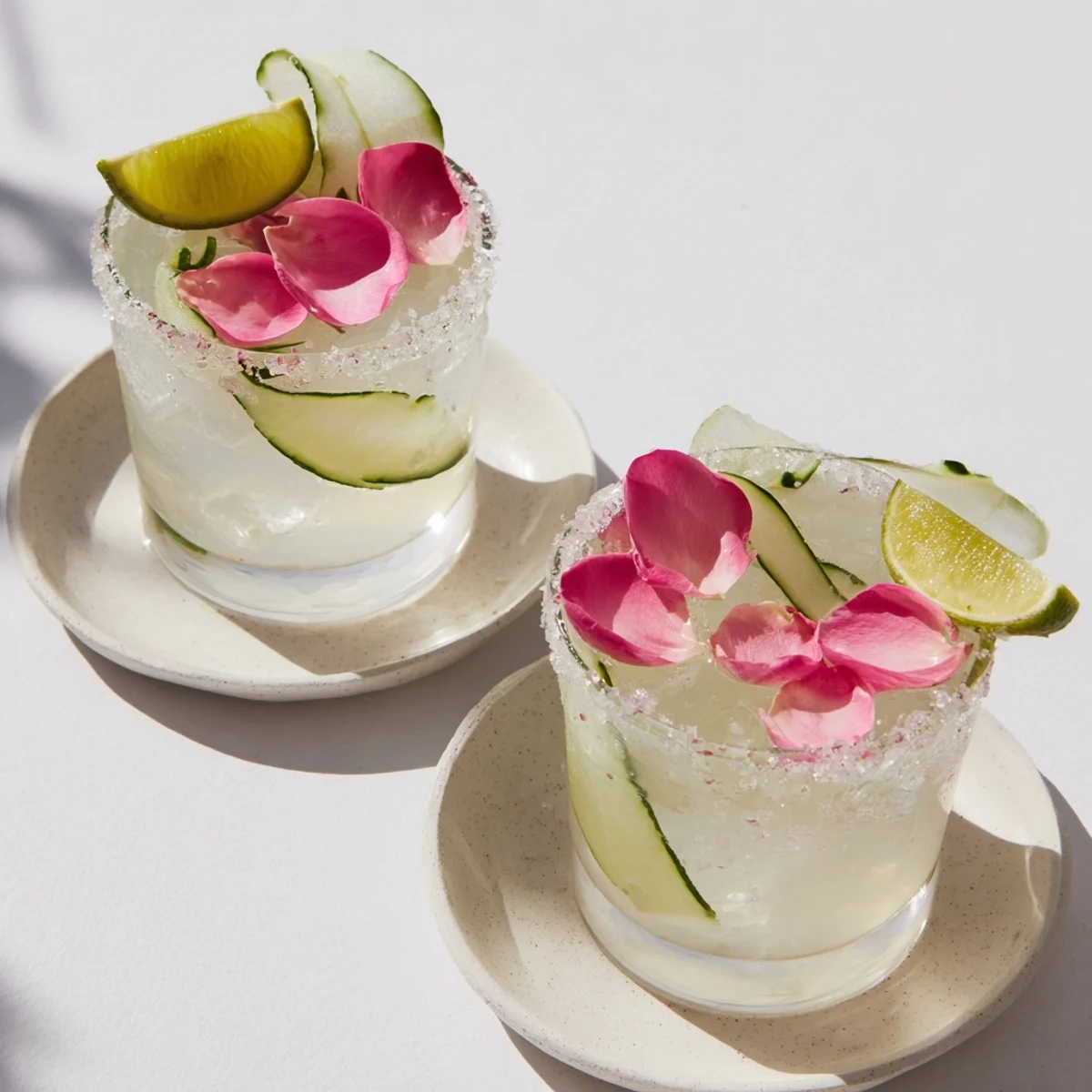 Gewürzgurken Margarita sparkling with pink petals, a visually appealing cocktail served chilled, perfect for summer.