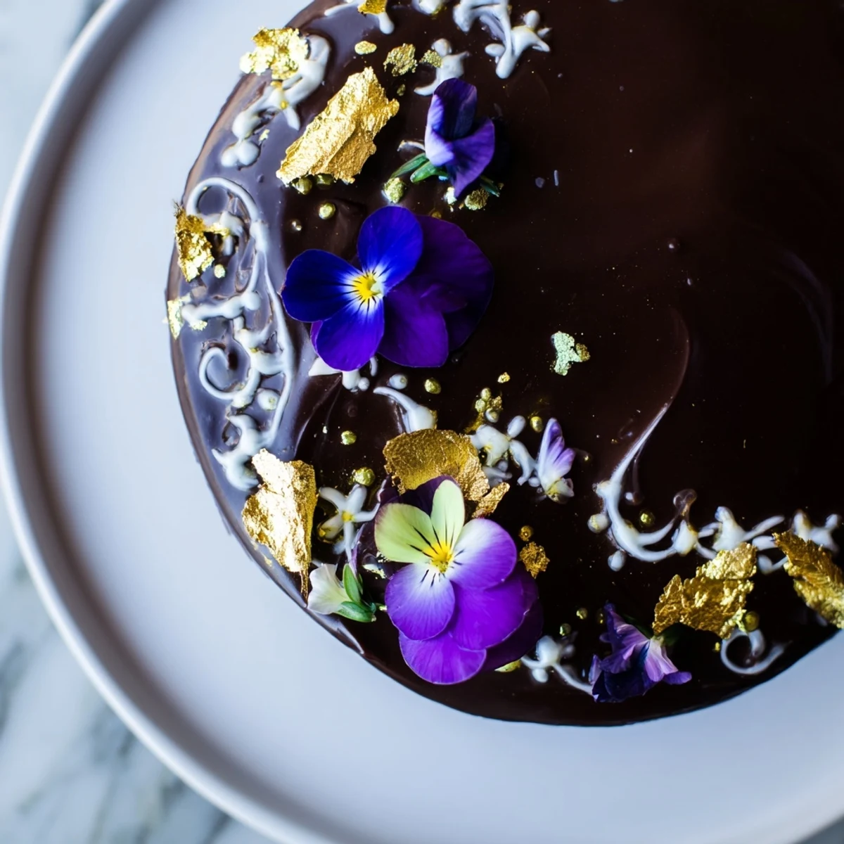 Eine detailreiche Aufnahme des Wild Rat Cake Desserts mit goldenen Verzierungen und essbaren Blumen.