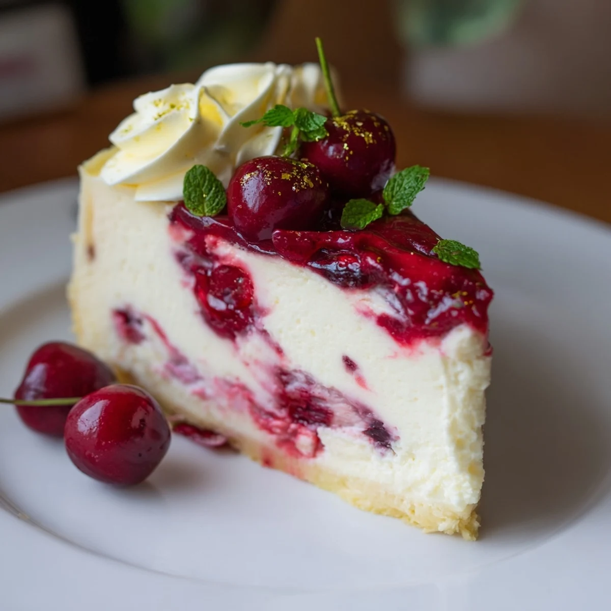 A slice of Cherry Vibe Cheesecake with bright cherry jam and Rococo white chocolate details.
