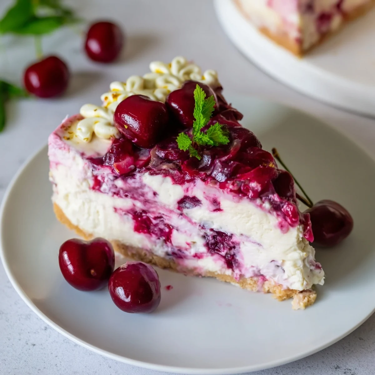 Indulge in this Cherry Vibe Cheesecake, a decadent dessert with fresh cherries and mint for serving.