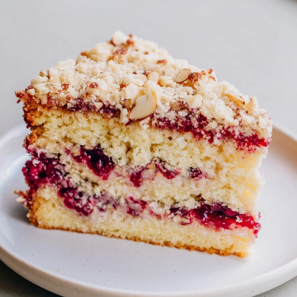A slice of Classic Firefighter Cake showing the layers: fluffy cake, cherries, and crumbly streusel.