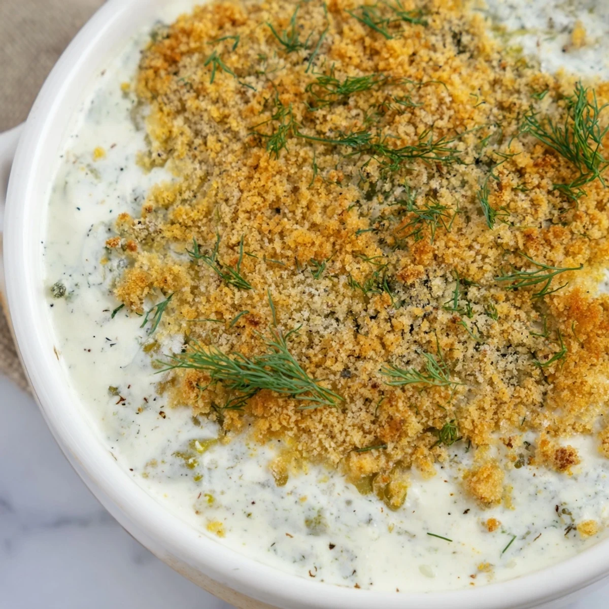 Warm, creamy Fried Spiced Pickle Dip, topped with a flavorful, toasted panko crust.