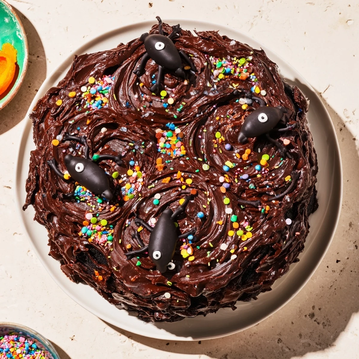 A thick slice of the Chaotic Rat Cake, showcasing rich frosting and dark chocolate rats.