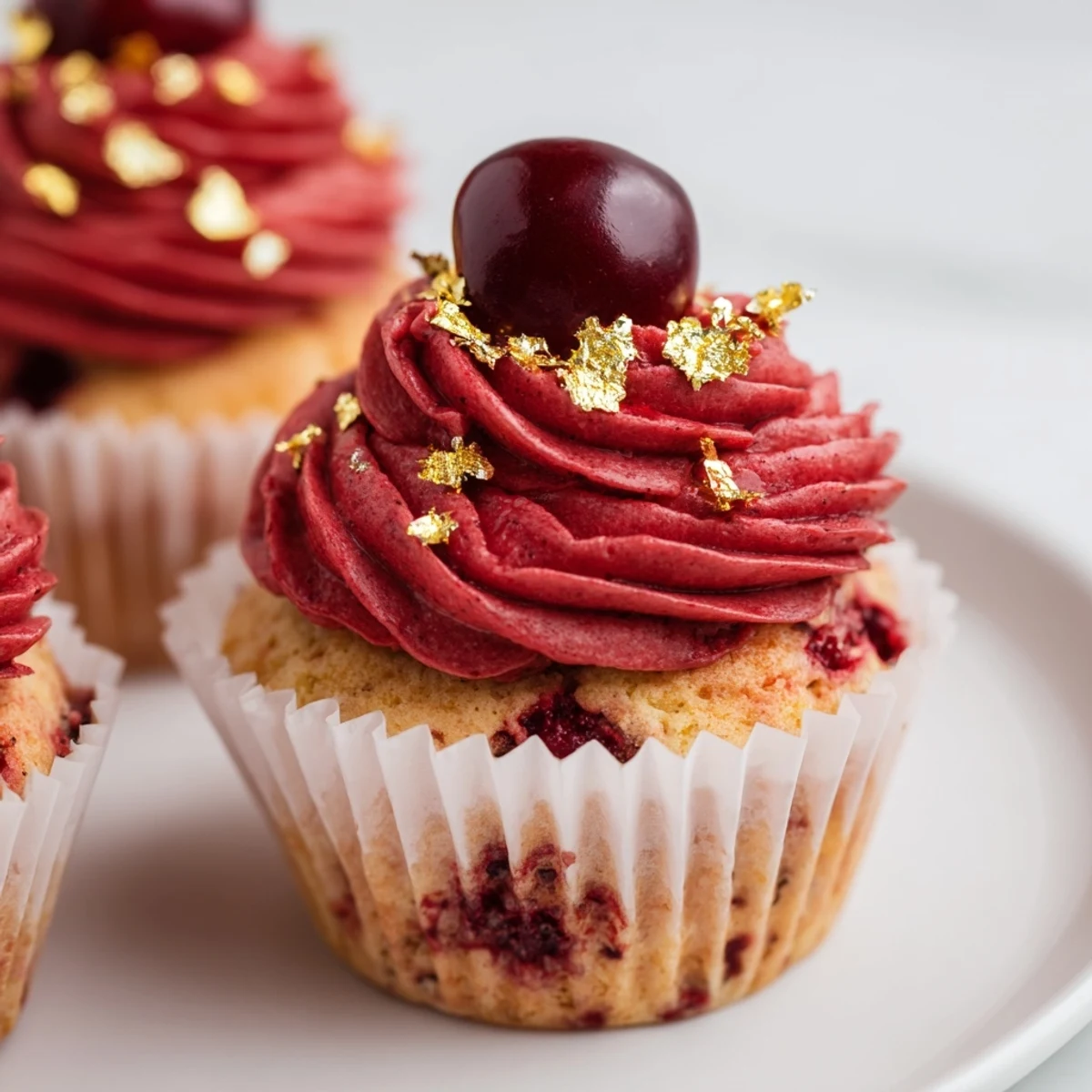 Freshly baked mini cherry cupcakes, drizzled with festive cherry-red cream, ready to serve.