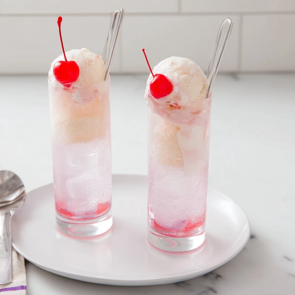 A close-up of a refreshing cream soda float, vanilla ice cream melting into the fizzy soda.