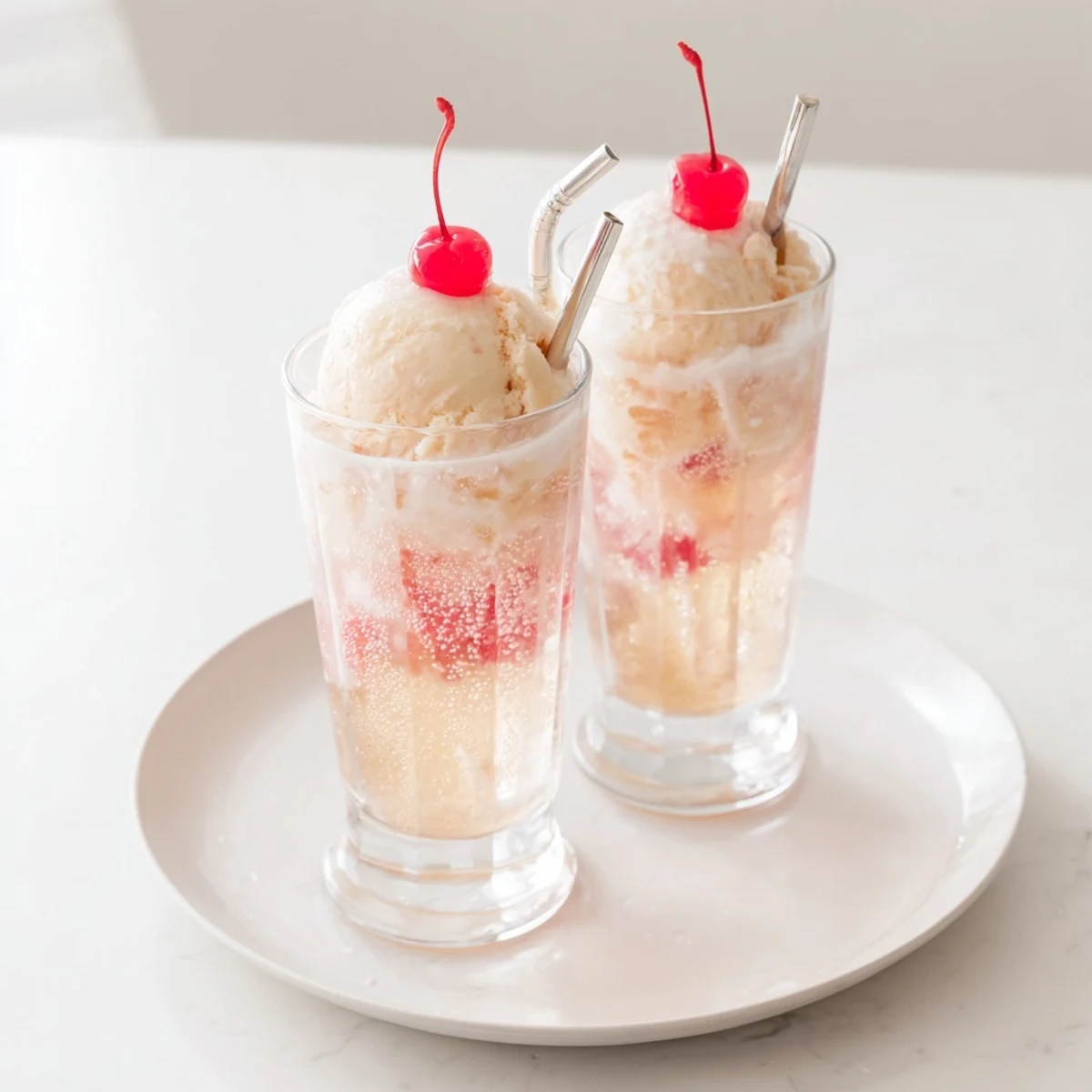 Homemade vanilla syrup elevates this classic cream soda float, topped with a cherry and ice cream.
