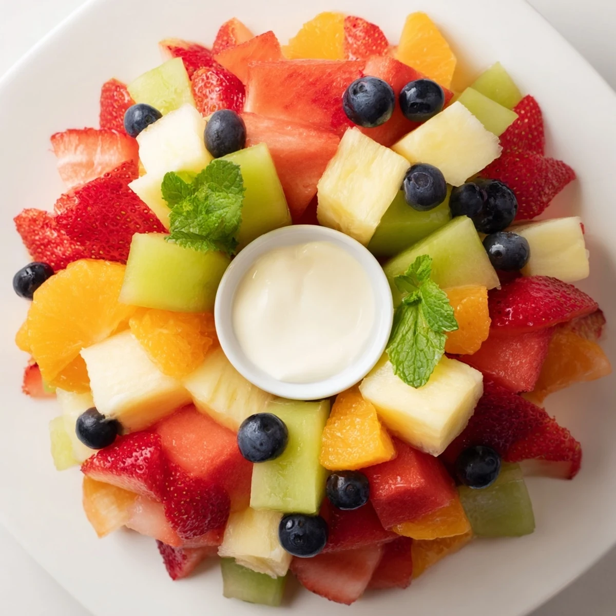 Vibrant beach ball fruit platter, with colorful watermelon, berries and pineapple, a perfect summer party snack.