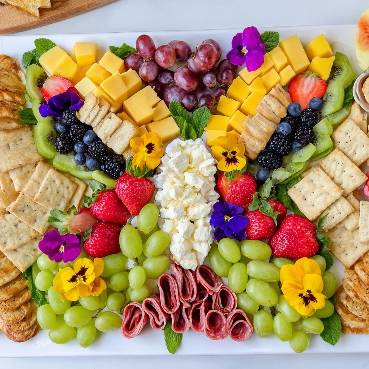 A butterfly summer board, a colorful appetizer, showcases fresh fruit and cheese wings.