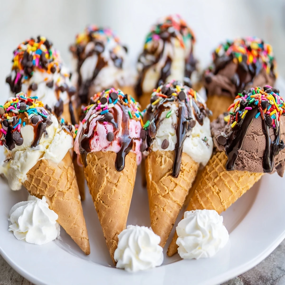A colorful Ice Cream Cone Grazing Board filled with waffle cones, toppings, and fresh fruit.
