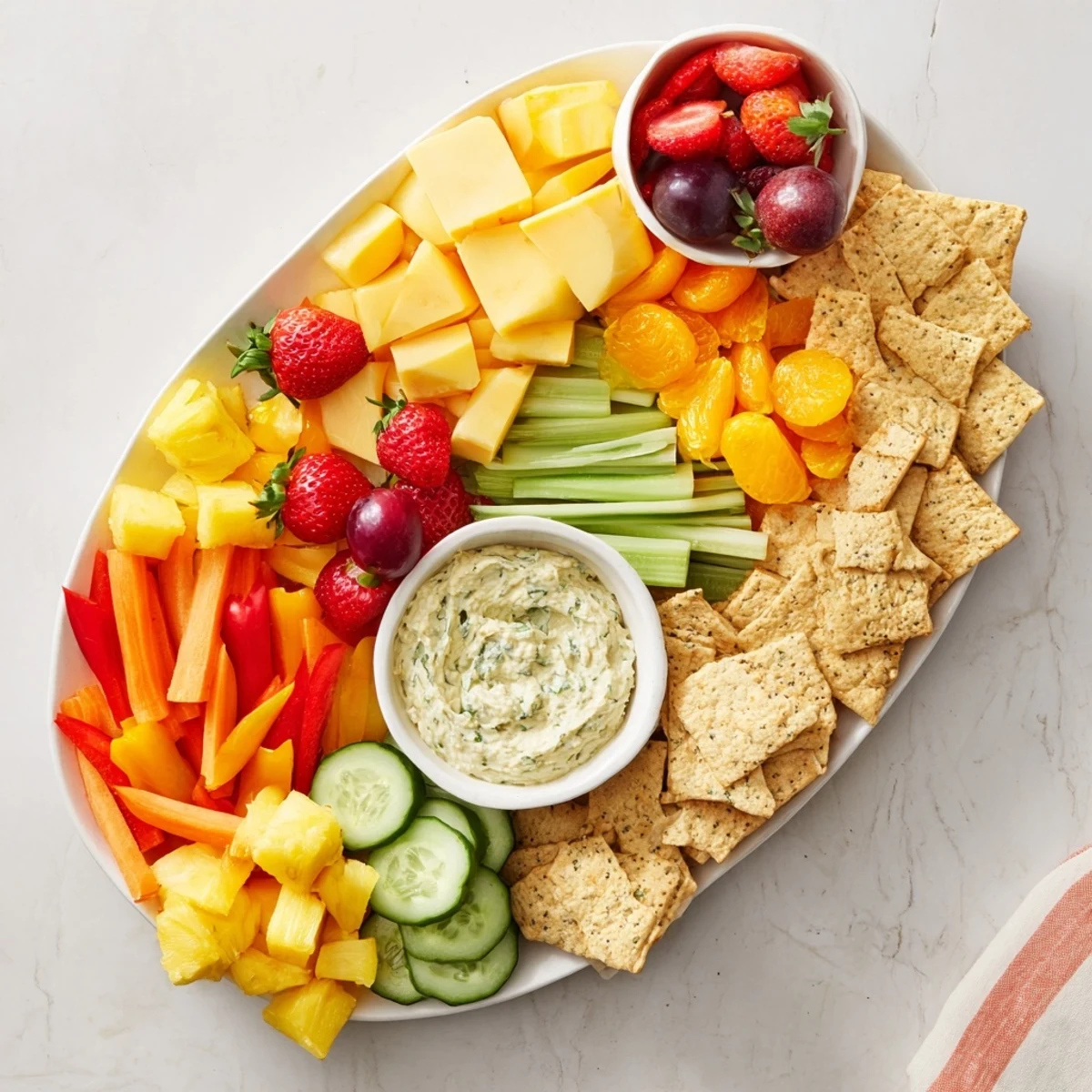 Sunshine Snack Tray bursting with vibrant fruits, veggies, and cheeses ready to enjoy as a light appetizer.