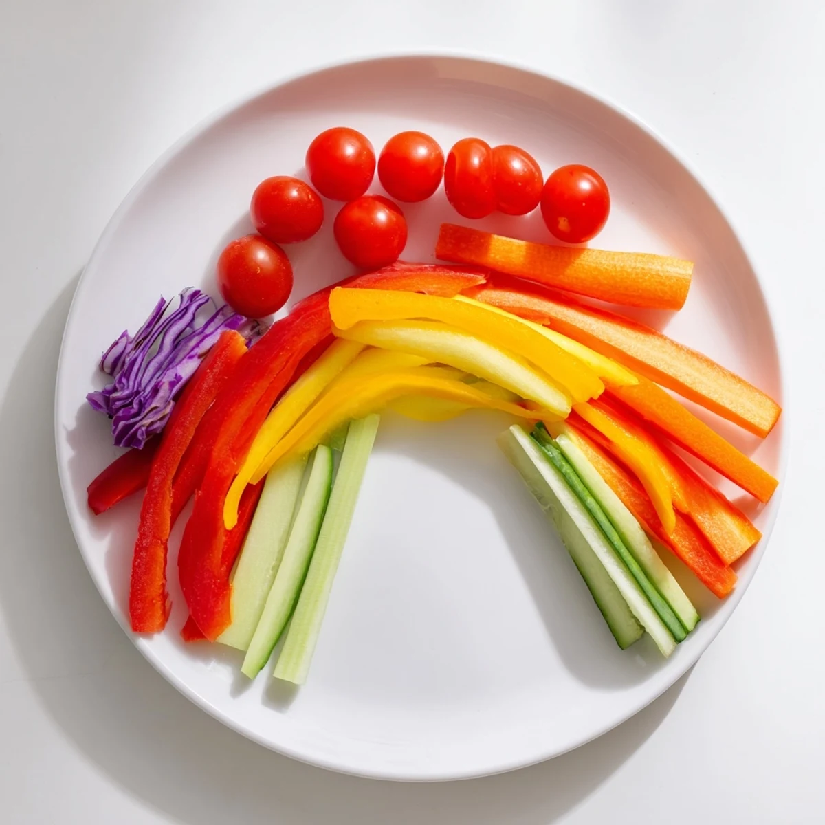 Rainbow Arch Bright Veggie Sticks: A colorful array of fresh, crunchy vegetable sticks, a vibrant, health-conscious appetizer ready to enjoy.