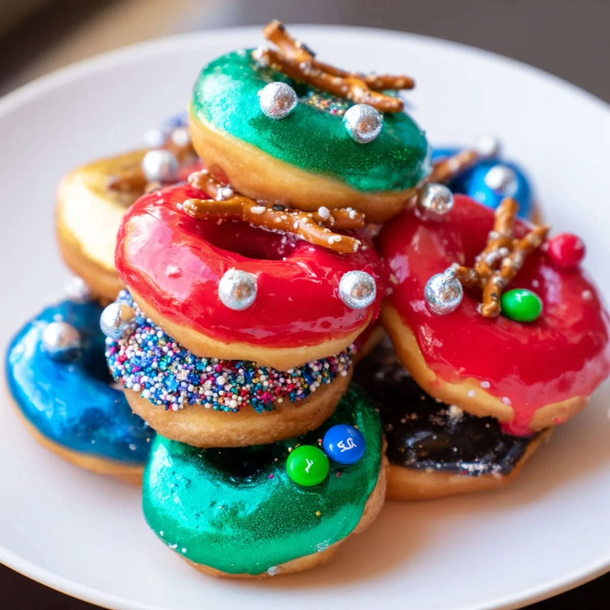 Stacked mini donuts, a Donut Stack Christmas Ornament Tower, glistening with colorful icing and festive sprinkles.