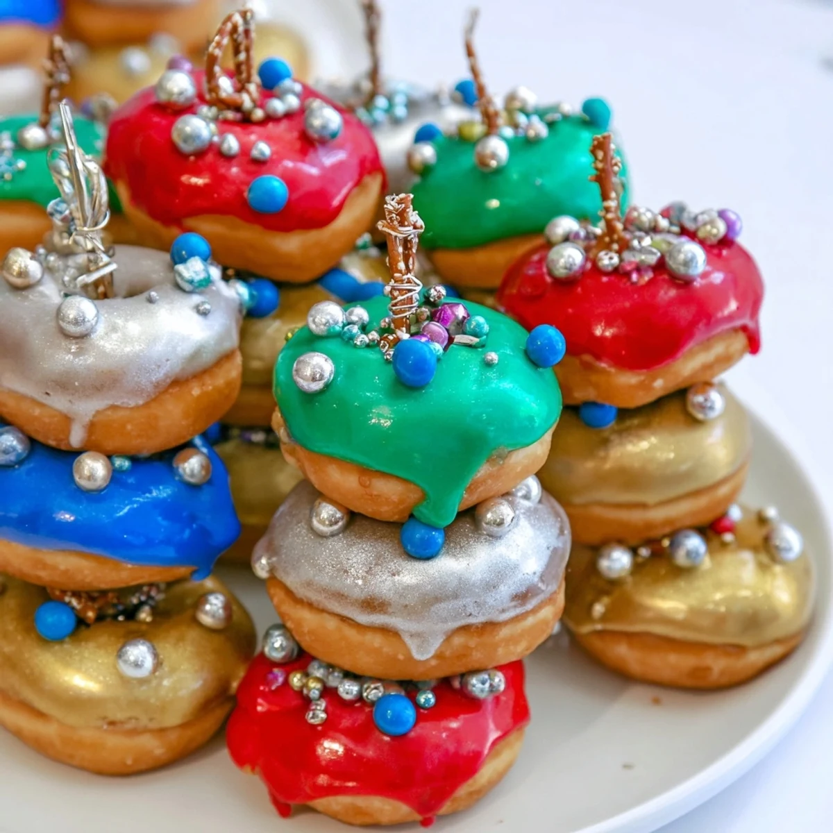 A close-up of a delightful Donut Stack Christmas Ornament Tower, ready for the holidays with candy sprinkles.
