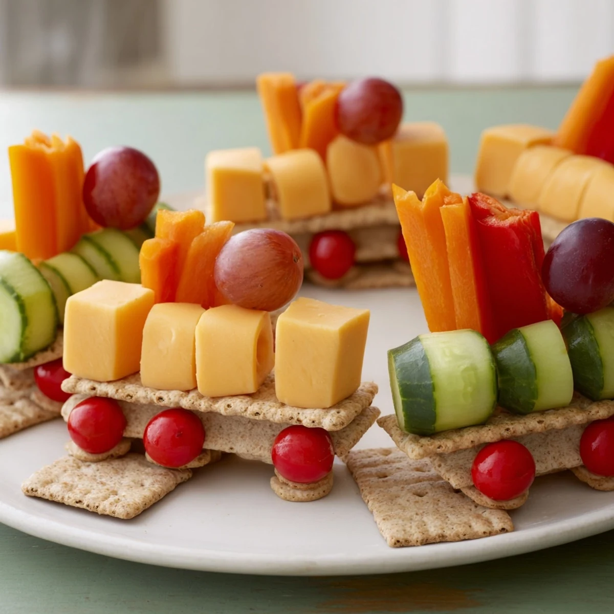 Choo Choo Train Snack Track platter filled with colorful fruits, veggies, and cheese for a fun kid's snack.
