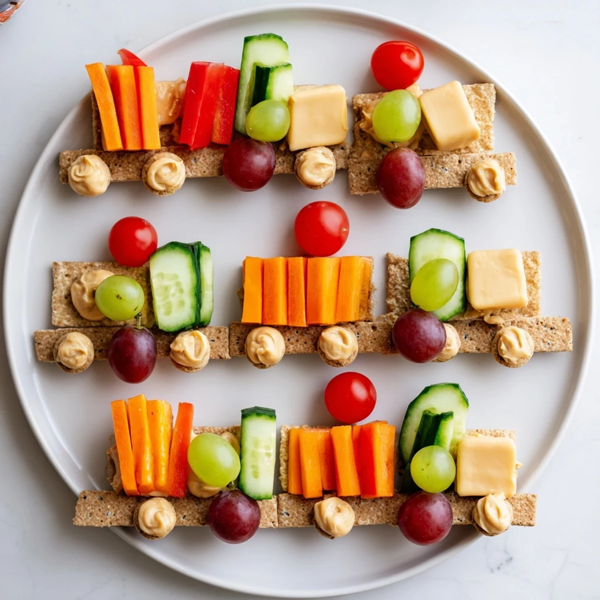 This whimsical Choo Choo Train Snack Track features a train made of crackers, cheese, and fresh, vibrant snacks.