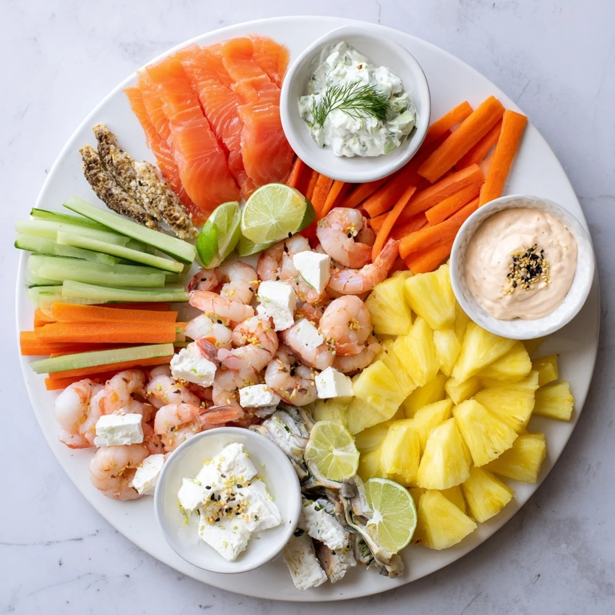 This vibrant Wave Rider Surfer Snack Board displays an array of fresh fruits and seafood ready to enjoy.