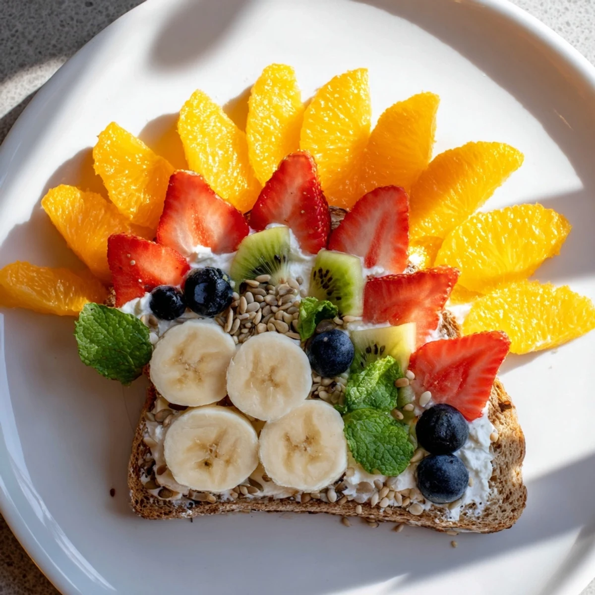 Morning Sun Breakfast Toast beautifully arranged with colorful fruits, a healthy and vibrant start to the day.