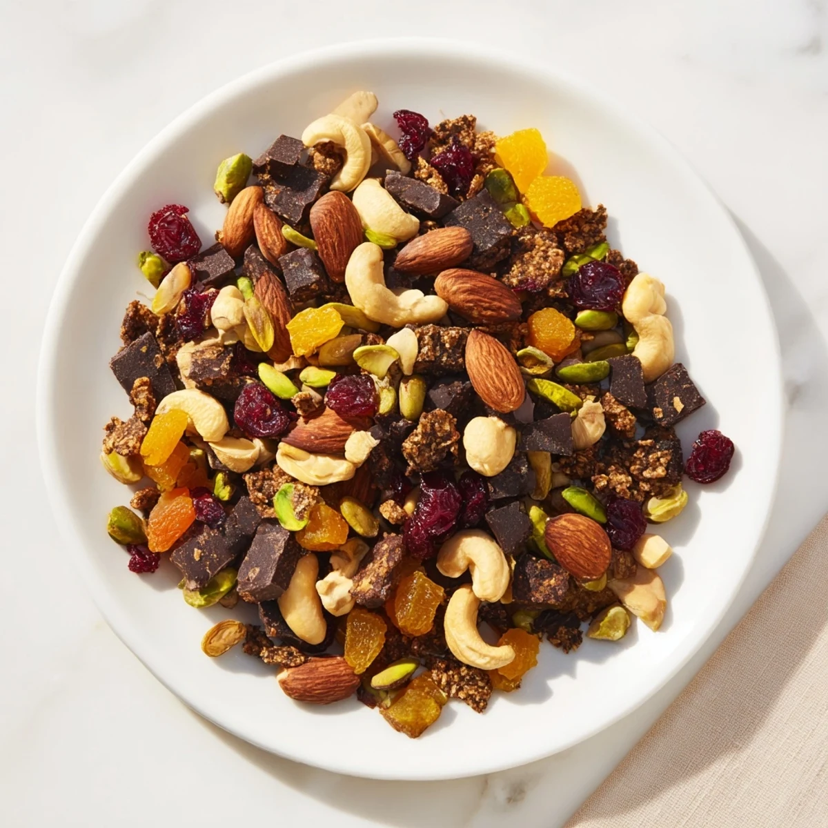 A bowl of Mountain High Adventure Snack Mix, overflowing with nuts, chocolate, and dried fruit.