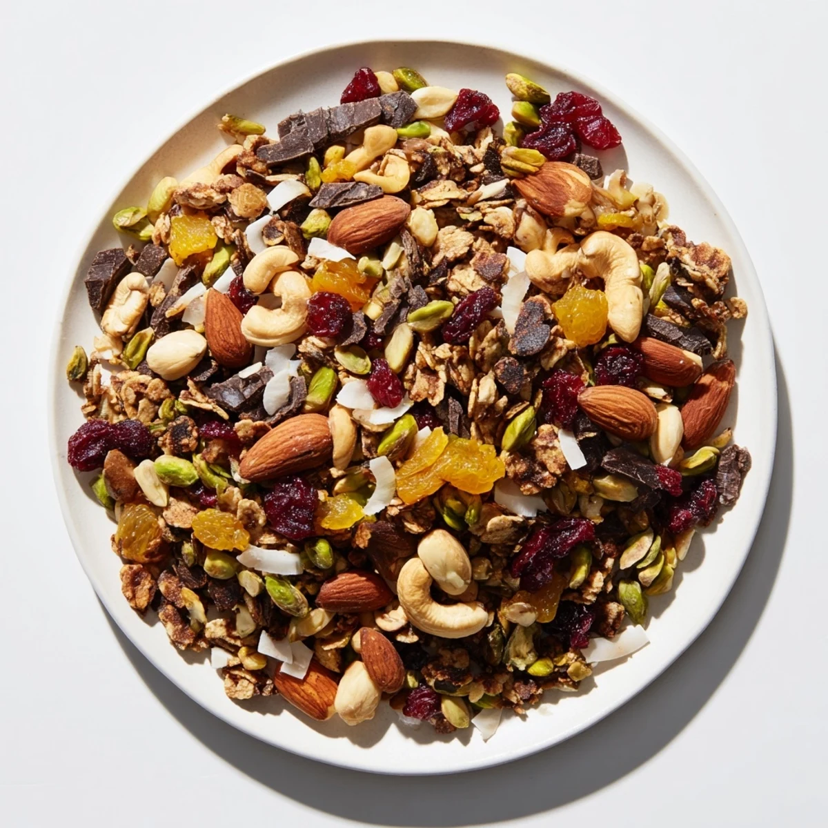 Close-up of a colorful Mountain High Adventure Snack Mix, ready for a hiking adventure.