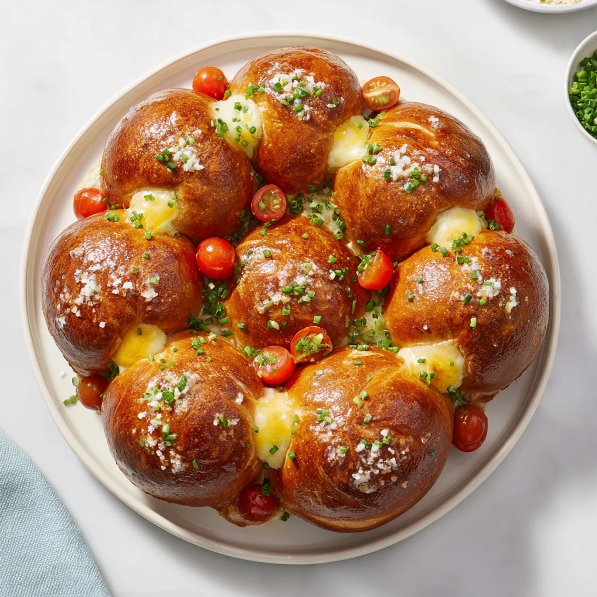 Close-up of a festive Pretzel Joy Wreath, a pull-apart appetizer ring with a creamy cheese filling.