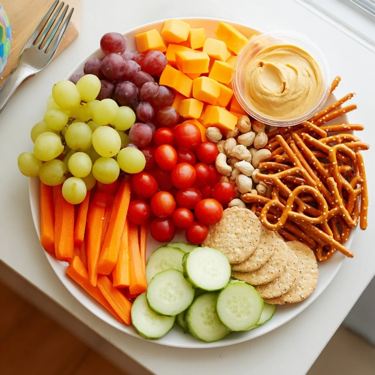 A colorful Road Trip Snack Platter with fresh fruit, cheese, and crunchy snacks, ready to eat.