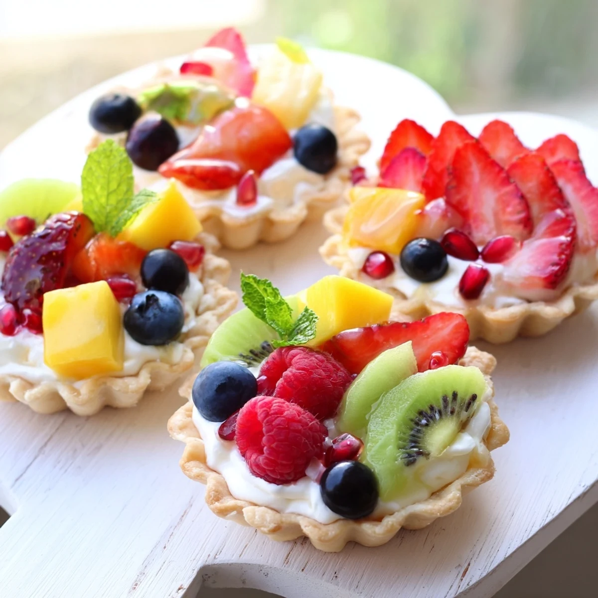 Close-up image of a Heart Shaped Fruit Tart Board, perfect for sharing and easy to assemble for dessert.