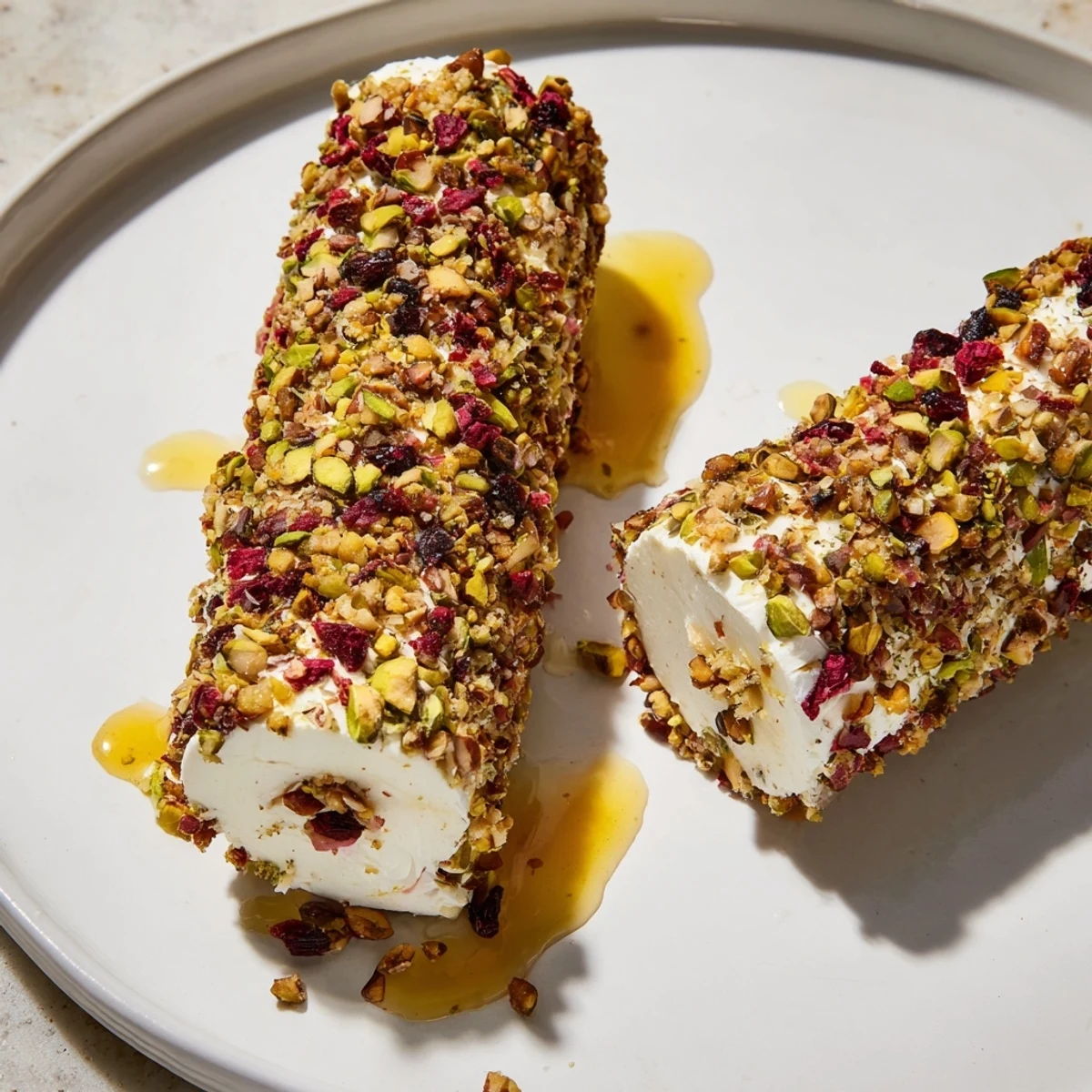 A gourmet display of Cranberry Goat Cheese Logs, offering a festive taste of sweet and savory textures.