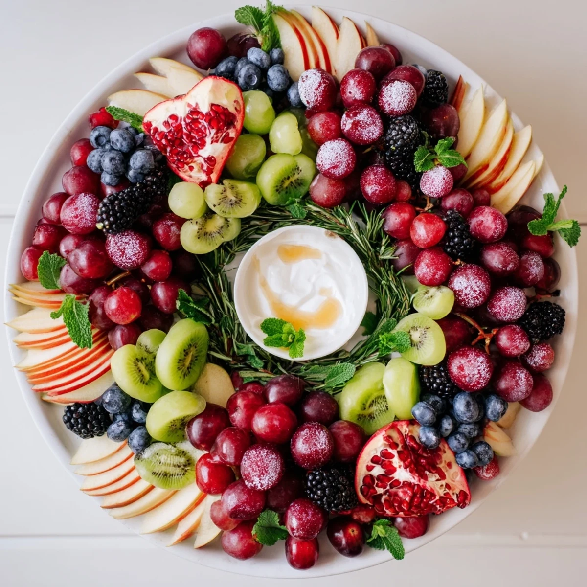 A vibrant Winter Berry Wreath Fruit Board displaying fresh winter berries and fruits, ready to serve.