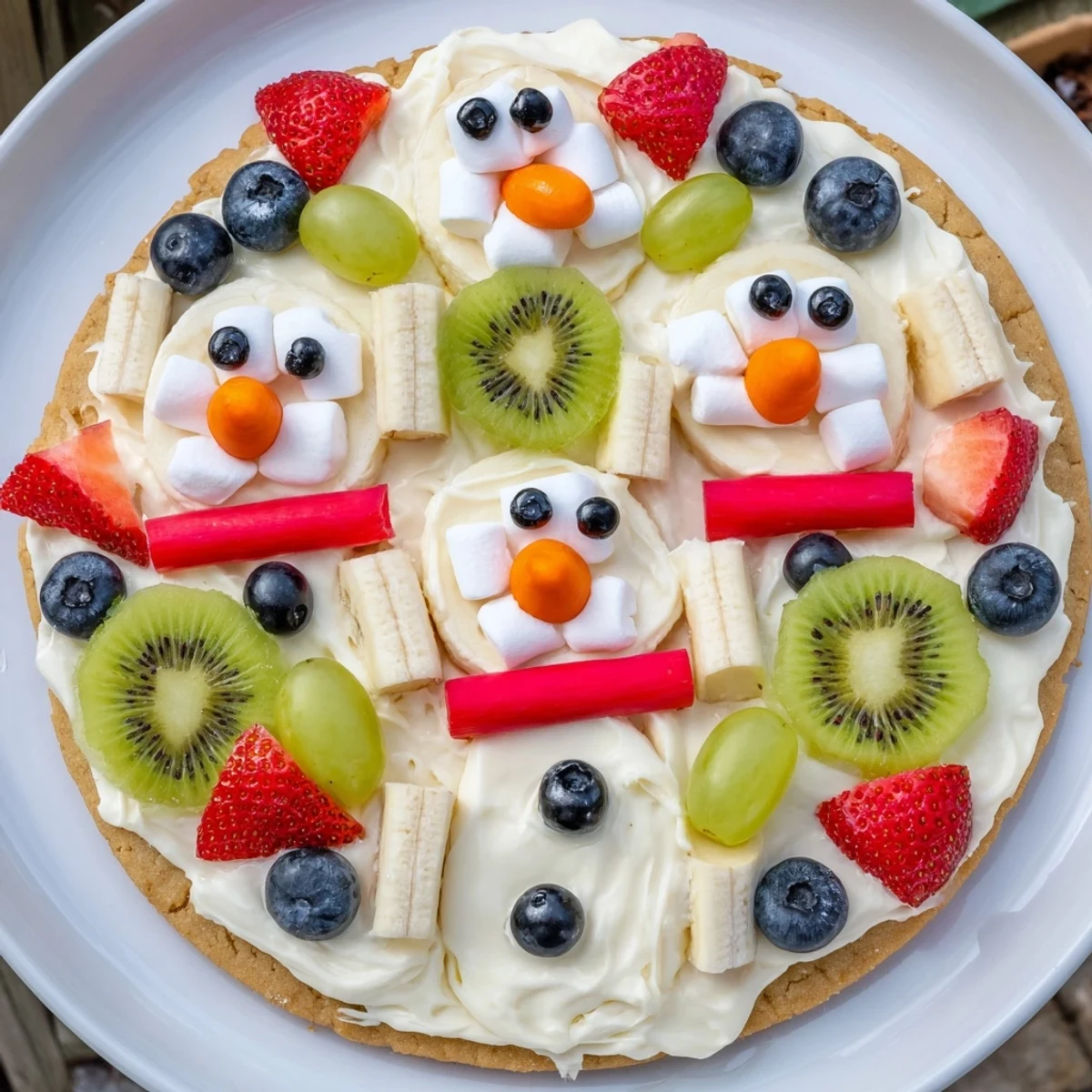 A colorful Melting Snowman Fruit Pizza with fresh fruit and creamy frosting, perfect for winter fun.