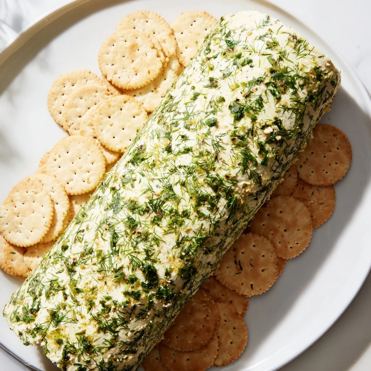 A visually appealing herb-coated cheese log, surrounded by crackers, ready to be enjoyed as an appetizer.