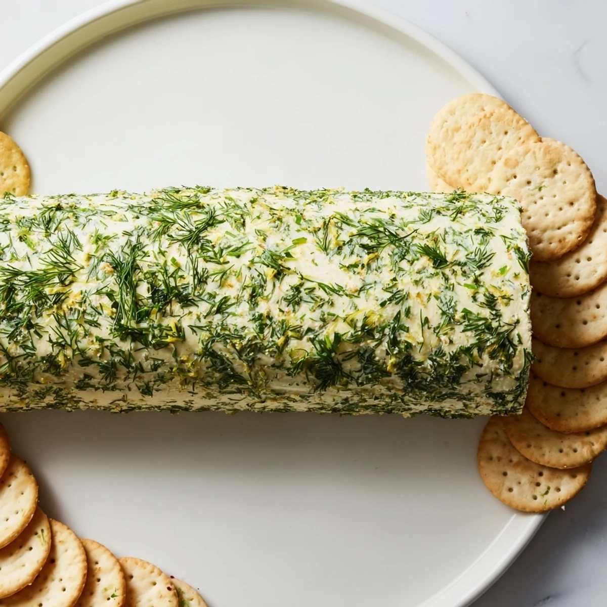 Freshly prepared, vibrant herb-coated cheese log, a beautiful appetizer served with crackers.