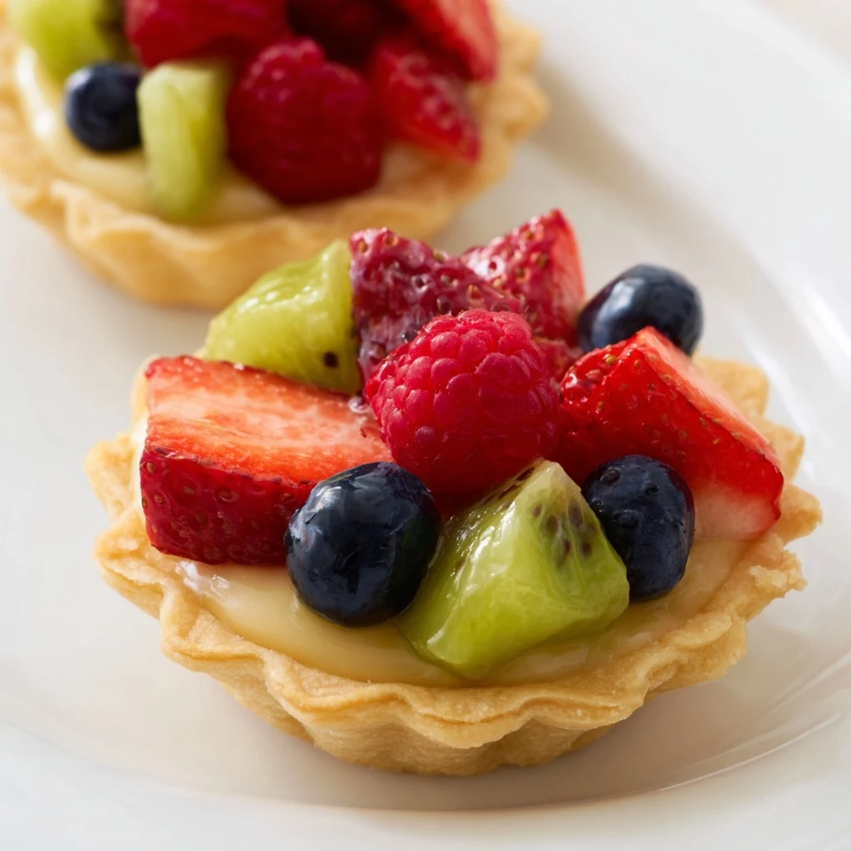 Freshly baked Mini Fruit Tartlets boasting a lovely circle fruit arrangement for a tasty dessert idea.