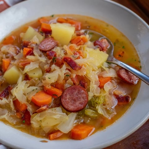 Herzhaftes Sauerkraut-Soup mit geräuchertem Fleisch und Wurzelgemüse für kalte Tage.