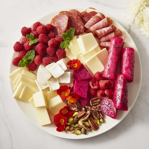 Flamingo Paradise Board, a colorful grazing board with fresh fruits, cheese, and meats for summer sharing.