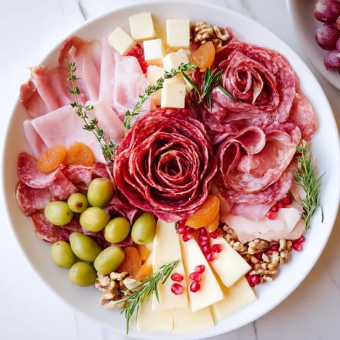 A festive holiday charcuterie: meat rose bouquet with salami and cheese.